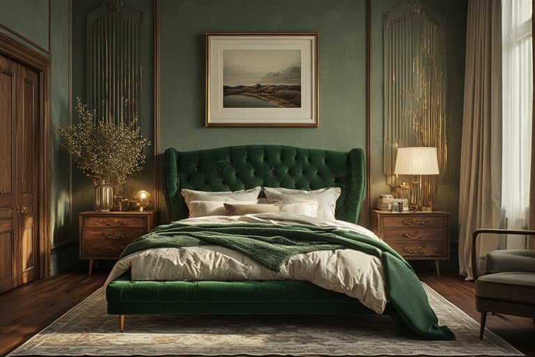 10 Elegant Bedroom Interiors for Modern Homes 6 Emerald and walnut elegant bedroom with gold details and cream bedding.