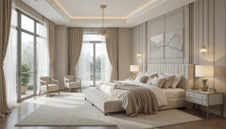 Elegant modern bedroom interior with neutral tones, minimalist furniture, and soft ambient lighting.