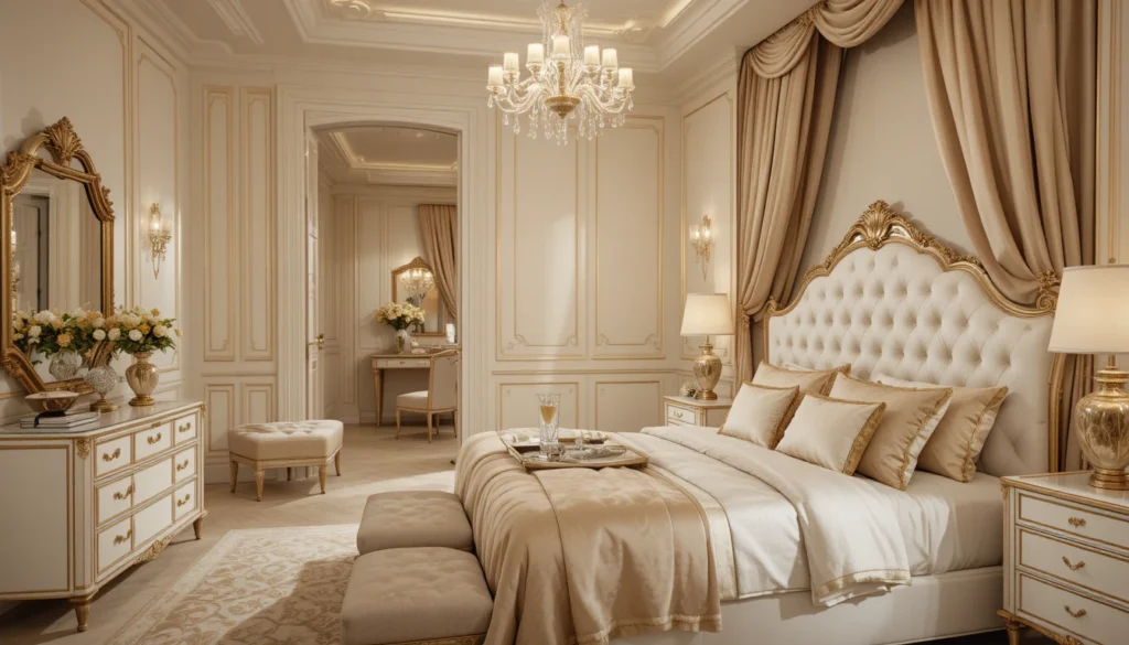 10 Elegant Bedroom Interiors for Modern Homes 2 Elegant ivory and gold bedroom interior with tufted headboard and warm lighting.