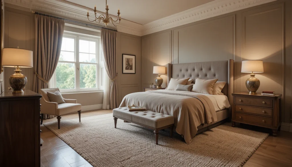 10 Elegant Bedroom Interiors for Modern Homes 8 Elegant taupe and bronze bedroom with warm lighting and textured accents.