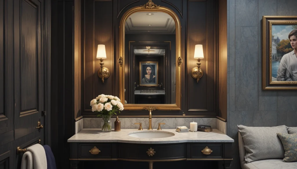 16 Bold and Beautiful Bathroom Vanity Ideas for Apartments 6 Apartment vanity with gold mirror and soft lighting from wall sconces.