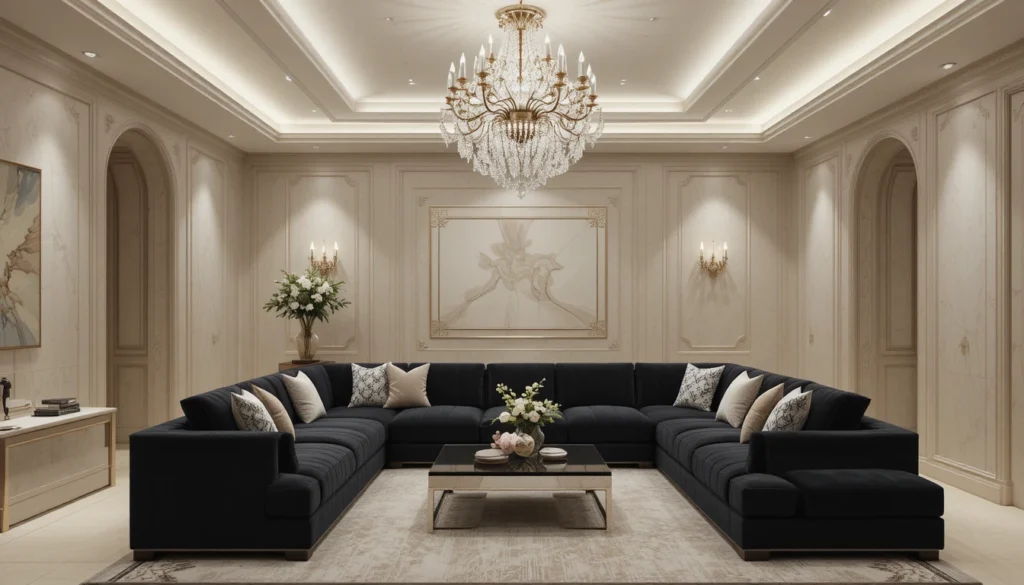 12 Stunning Black Couch Living Room Ideas with Style 7 Black sectional under chandelier with warm lighting in an elegant living room.