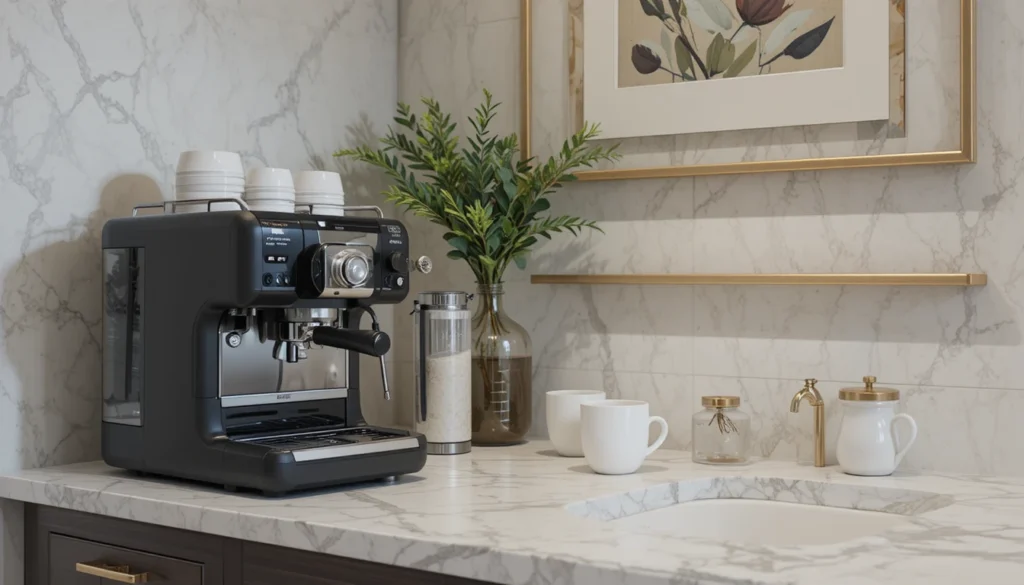 Coffee Bar Ideas for a Stylish and Cozy Home Setup 2 Modern marble coffee bar with espresso machine and gold-accented décor.