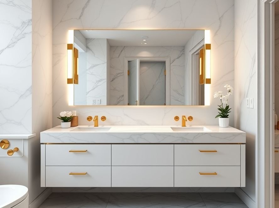 Elegant bathroom vanity with marble countertop and gold hardware.