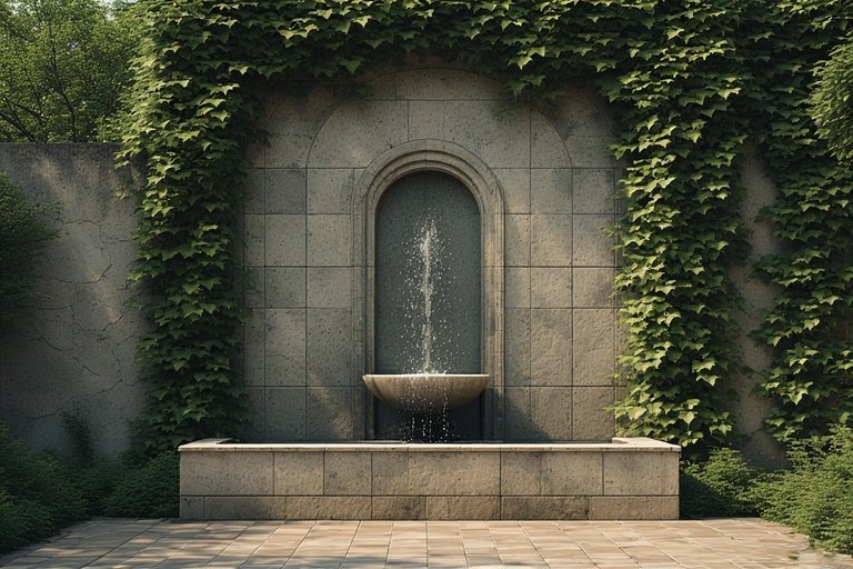 Backyard Water Features for a Serene Outdoor Escape 3 Elegant stone wall-mounted fountain with cascading water and climbing ivy in a cozy patio.