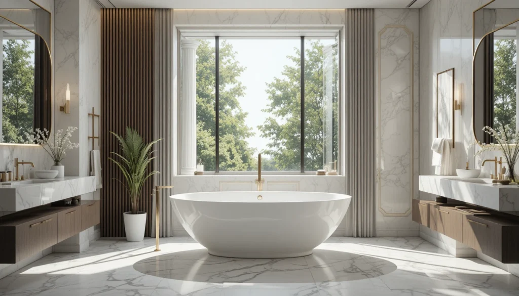 Luxury Bathroom & Shower Design Ideas 2 Modern freestanding bathtub in a luxury bathroom with elegant minimalist décor.