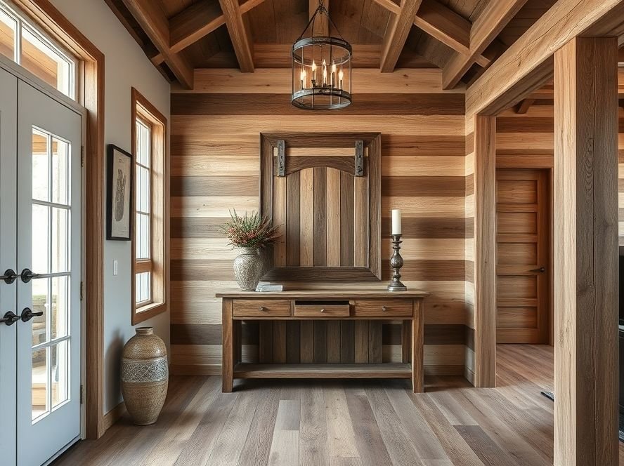 Rustic Entryway Ideas: Transform Your Home’s First Impression 2 Rustic entryway showcasing natural wood finishes with reclaimed wooden furniture.