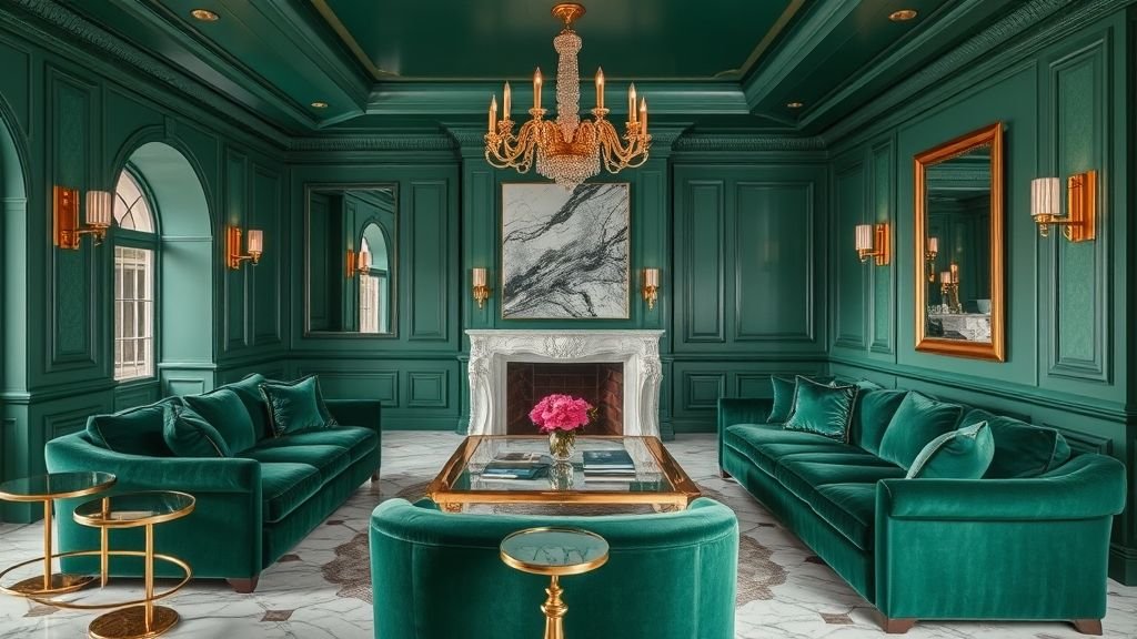 Home Decor Ideas for a Stylish and Inviting Space 13 Emerald green velvet living room with gold accents and marble floor for a refined look.