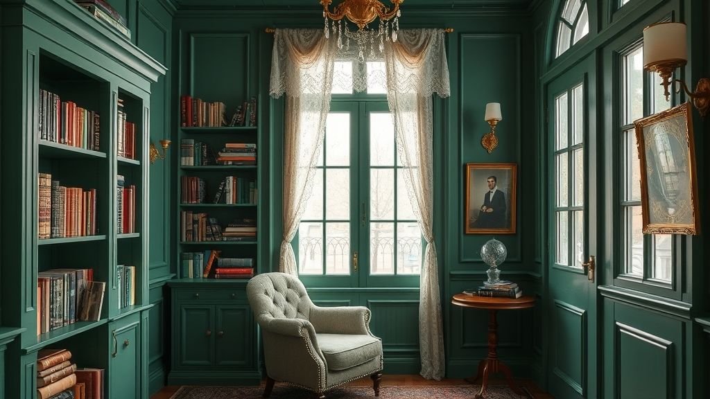 Cozy Reading Nook Ideas for a Peaceful Escape 13 Emerald green vintage reading nook with antique décor.