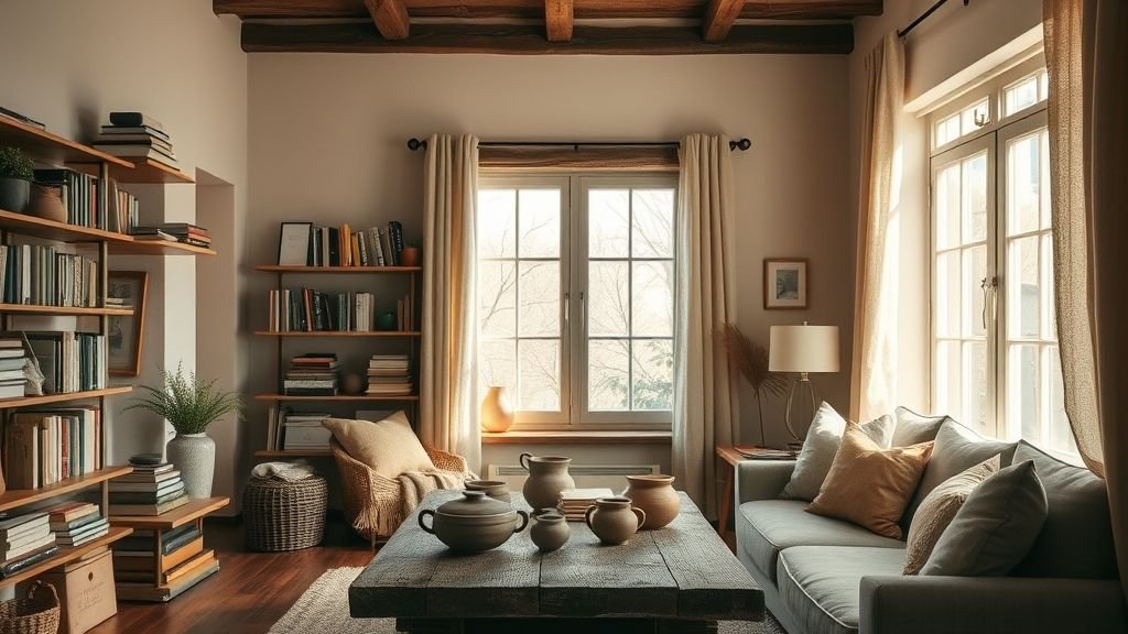 Cozy Home Interiors That Speak Emotion and Style 2 Cozy living room with uneven bookshelf, stacked books, and handmade ceramics bathed in soft natural light.