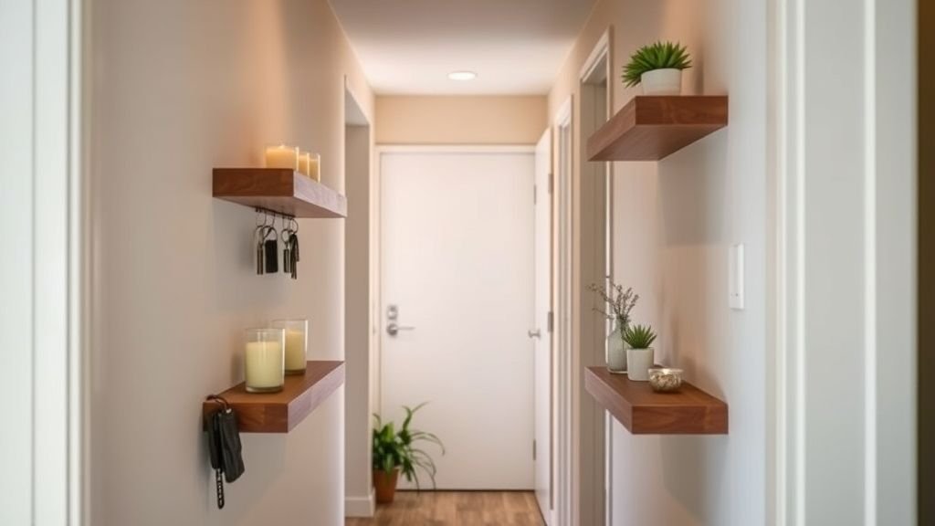 16 Functional Entryway Organization Tips for Everyday Living 15 Small entryway with floating shelves for storage and decoration.