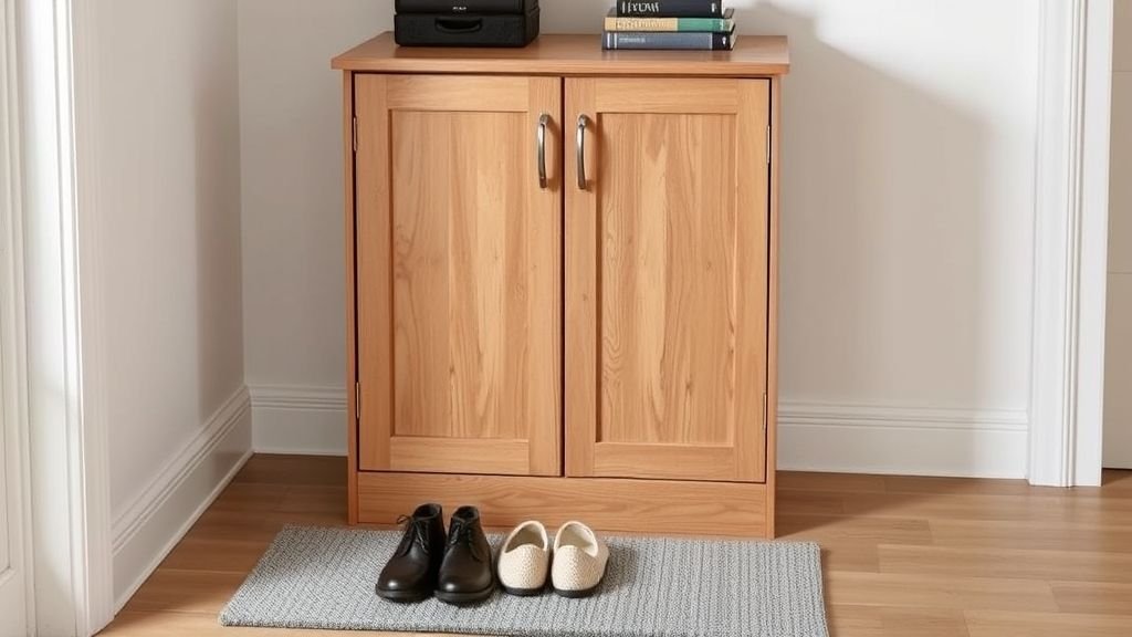 16 Functional Entryway Organization Tips for Everyday Living 11 Modern entryway with compact shoe storage unit and clean floor design.