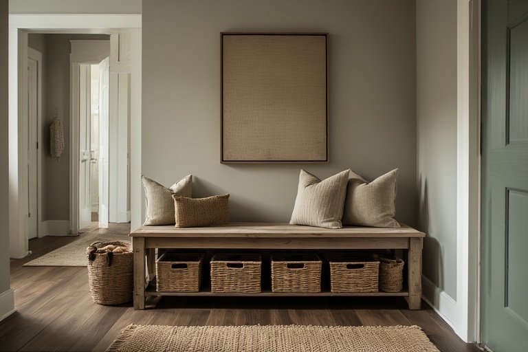 16 Functional Entryway Organization Tips for Everyday Living 4 Wooden entryway storage bench with baskets and cushions for comfort and utility.