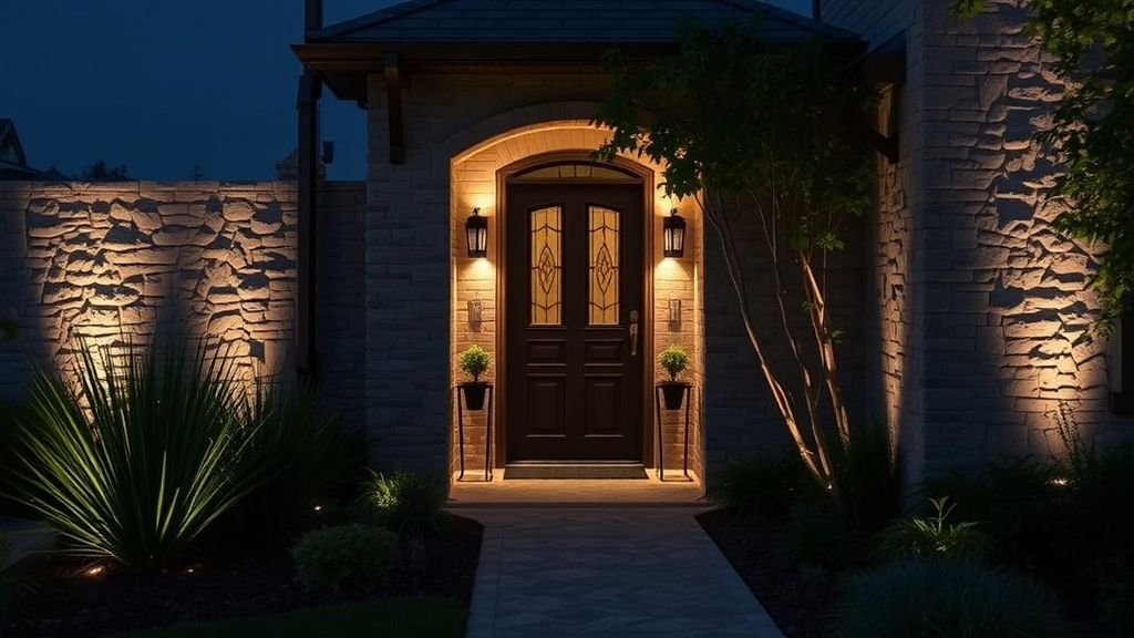 Nighttime entryway with warm uplighting on stone façade and garden greenery.
