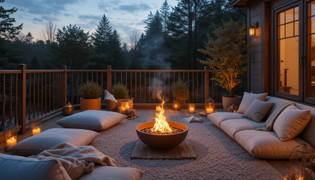 Balcony Ideas Apartment: Transform Your Outdoor Space 15 Apartment balcony with amber lights, gray cushions, and cozy evening atmosphere.