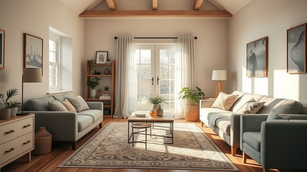 Cozy Home Interiors That Speak Emotion and Style 14 Bright living room with rearranged furniture, sunlight on rug, and colorful pillows symbolizing change.