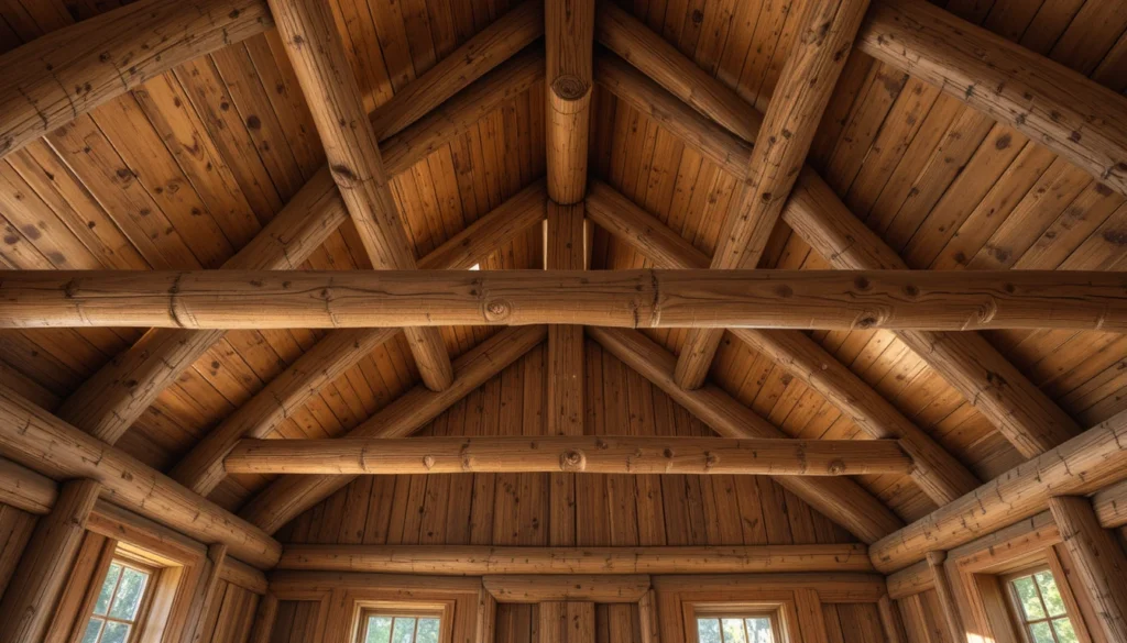 Rustic Cabin Interiors: Cozy Charm and Timeless Design Ideas 5 Exposed wooden beams and natural finishes adding rustic warmth to a cabin interior.