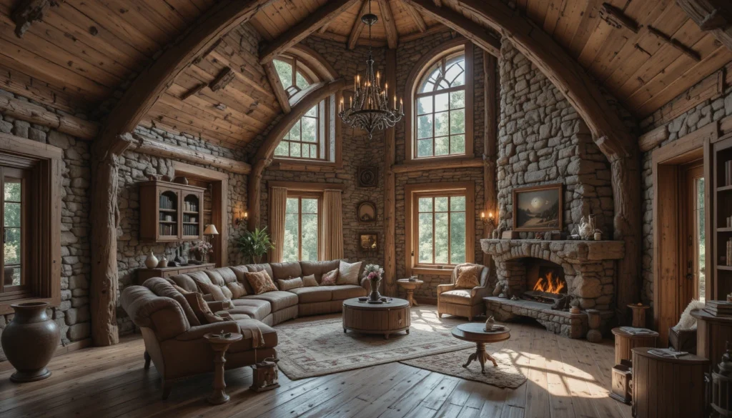 Rustic Cabin Interiors: Cozy Charm and Timeless Design Ideas 4 Exposed wood beams and natural materials in a rustic cabin living space.
