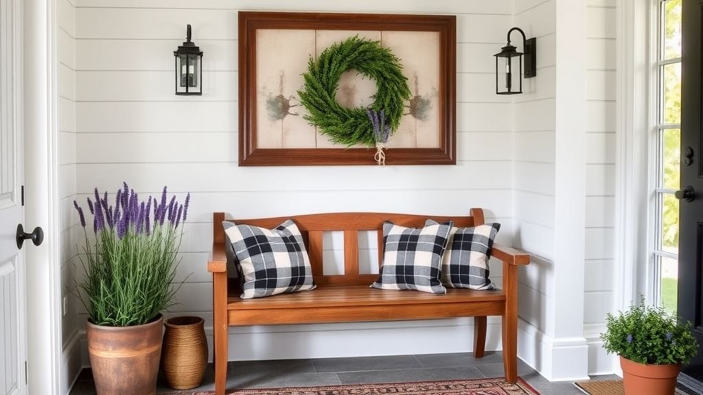 Farmhouse front entryway with wood bench, plants, and rustic black sconces.