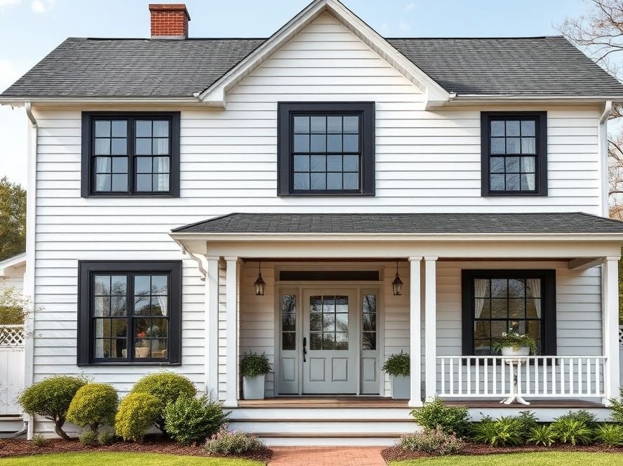 House Designs Exterior: Inspiring Ideas for a Beautiful Home Facade 5 Farmhouse exterior design with white siding, black windows, and rustic wooden accents.