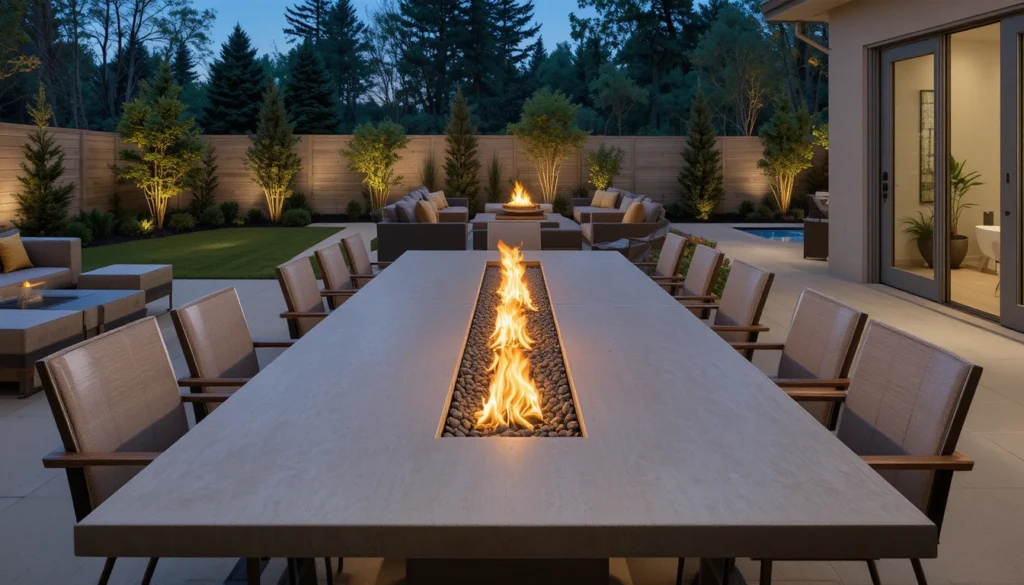 16 Cozy and Modern Backyard Fire Pit Ideas 10 Dining table with built-in fire pit surrounded by chairs in backyard.
