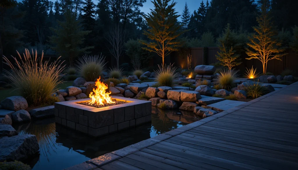 A fire pit beside a reflective pond surrounded by soft lighting and natural plants.