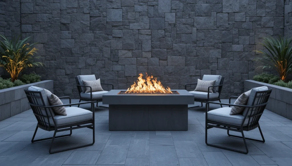 Cozy Patio Fire Pit Ideas for a Warm Outdoor Space 8 Modern fire pit table with chairs and garden view on patio.