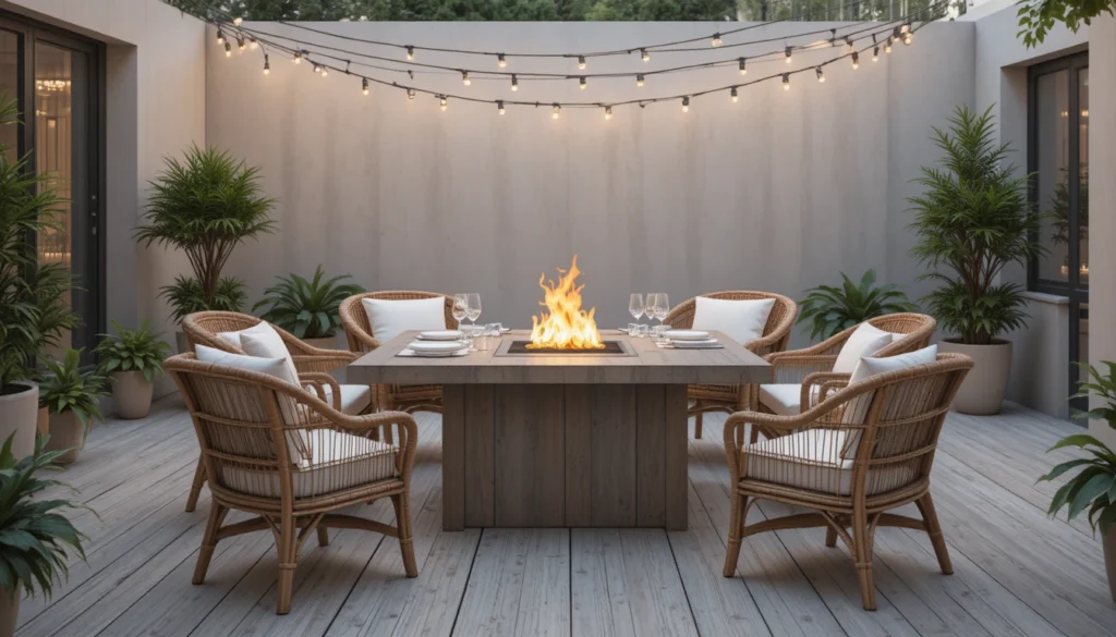 A backyard fire pit table used for outdoor dining under string lights.