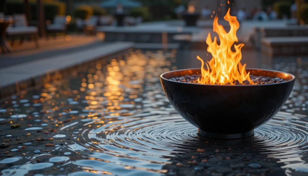 Backyard Water Features for a Serene Outdoor Escape 9 Outdoor design combining fire and water with a glowing fire bowl beside reflective water.