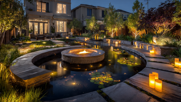 16 Cozy and Modern Backyard Fire Pit Ideas 11 Backyard with fire pit beside reflecting pool and soft lighting.