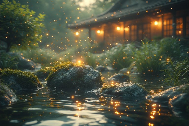 Backyard Water Features for a Tranquil Outdoor Escape 15 Enchanted lagoon with glowing fireflies and moss-covered stones at night
