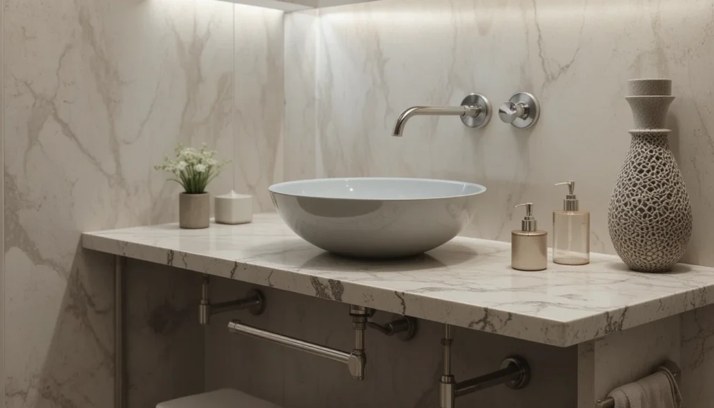 16 Bold and Beautiful Bathroom Vanity Ideas for Apartments 15 Floating countertop vanity with vessel sink and soft lighting in compact bathroom.