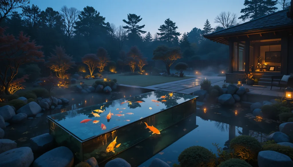 Backyard Water Features for a Tranquil Outdoor Escape 2 Futuristic glass walkway with glowing koi and flowing water beneath in a modern backyard