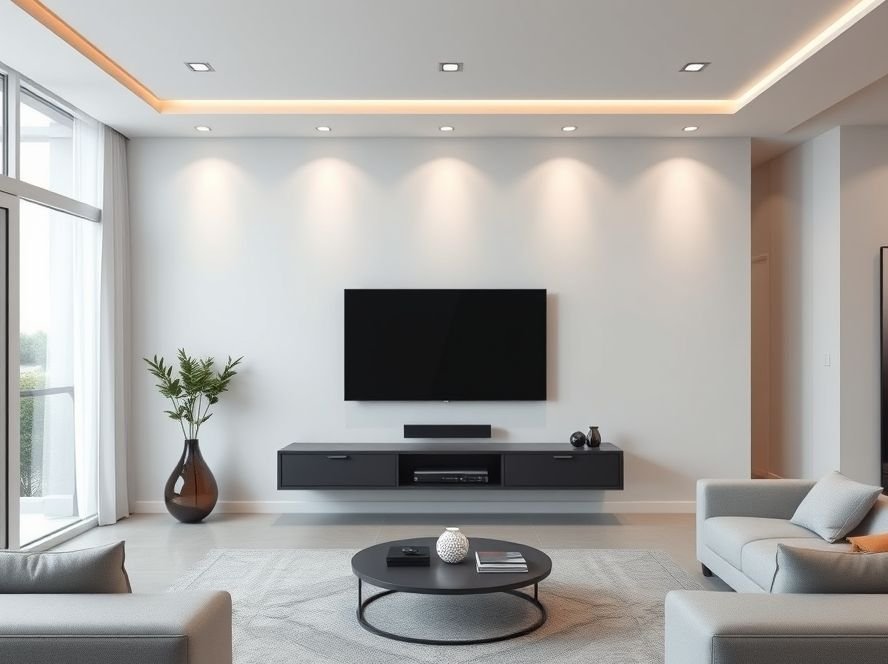 Modern Living Room TV Wall Ideas 10 Floating media console under TV in a sleek modern living room.