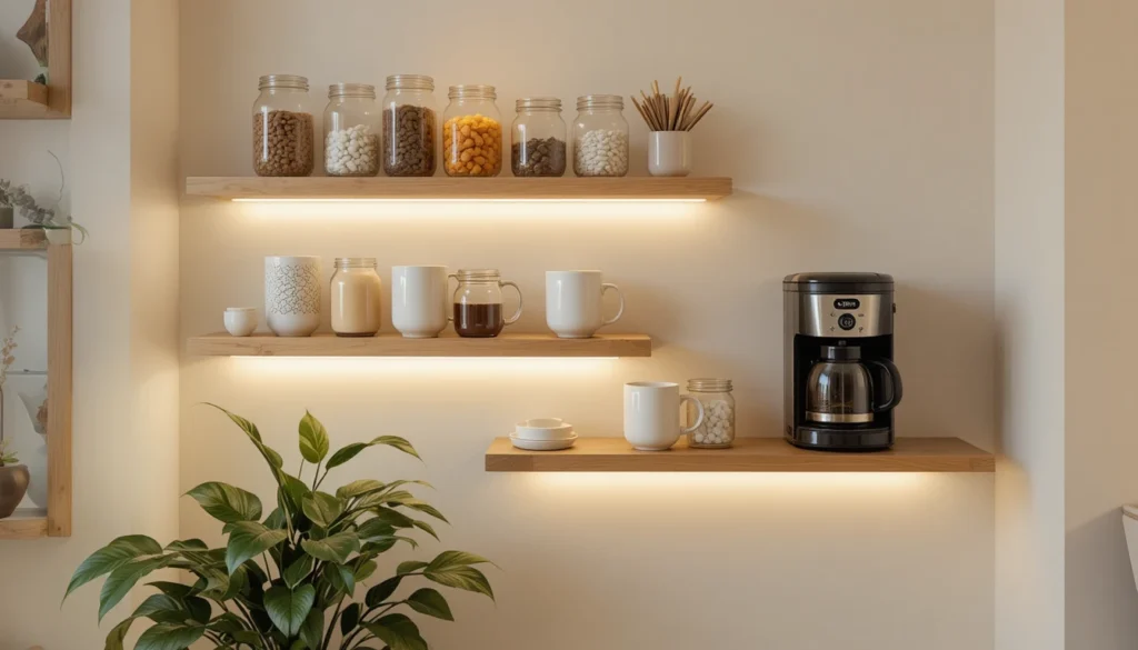 Coffee Bar Ideas for a Stylish and Cozy Home Setup 3 Minimal floating shelf coffee nook with mugs, jars, and coffee machine.