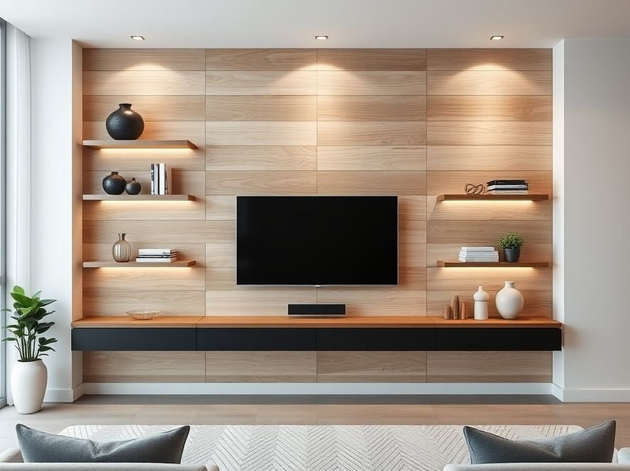 Modern Living Room TV Wall Ideas 5 Floating shelves creating an airy design around a modern TV wall.