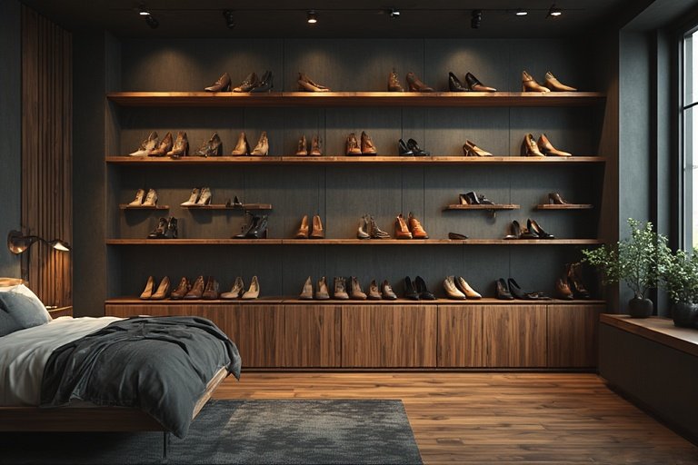 Shoe Storage Ideas for a Stylish and Organized Home 4 Floating shelves displaying shoes in a modern boutique-style bedroom.