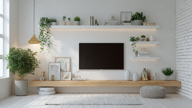 A modern living room with floating shelves framing a TV wall in minimalist style.
