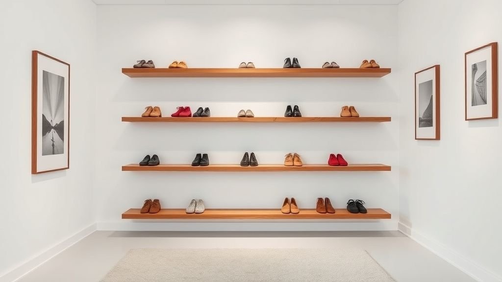 Shoe Storage Ideas for Stylish and Organized Homes 6 Floating wall-mounted shoe shelves in a minimalist white interior with subtle lighting.