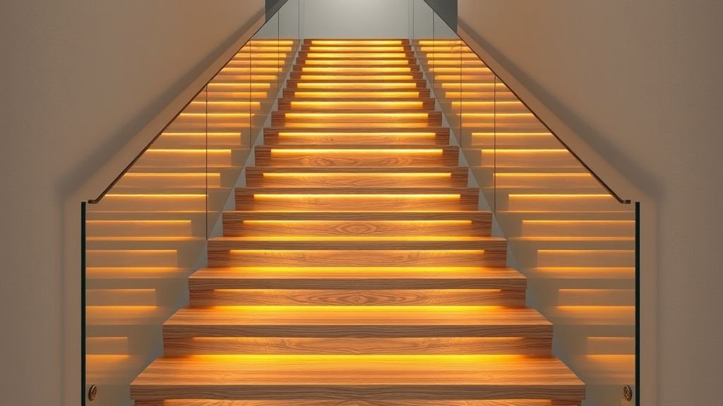 Staircase Design Ideas to Transform Your Home 11 Floating wooden staircase with warm LED strip lighting under each step, paired with clear glass railings for a sleek modern design.