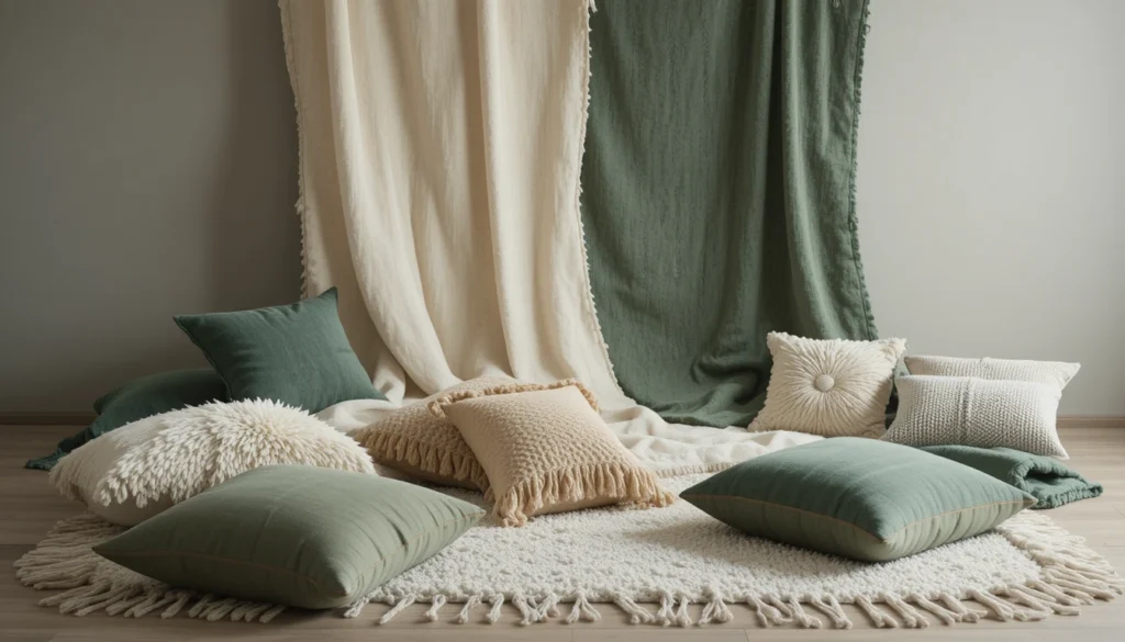 16 Stylish Ideas for Decorating with Comfy Floor Cushions 16 Cozy home interior with layered rugs, throws, and neutral floor cushions.