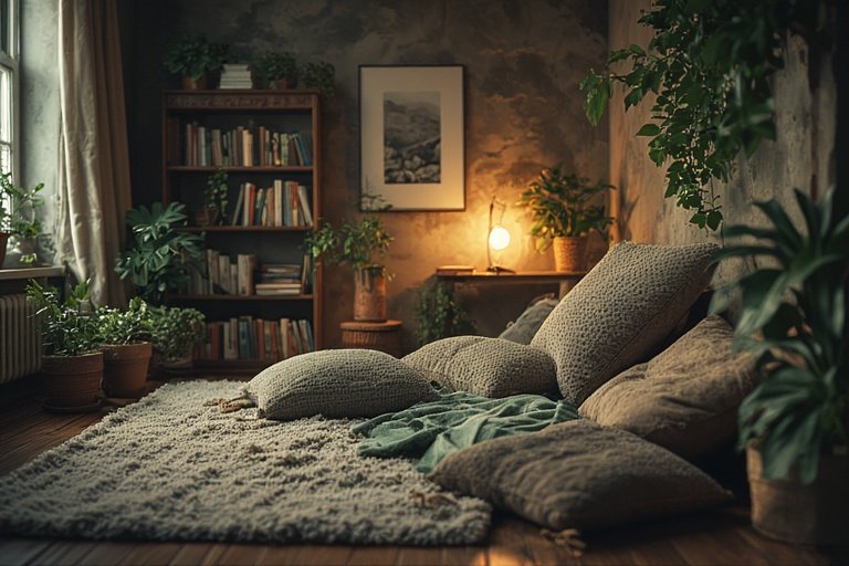 Floor Seating Ideas for a Cozy and Stylish Space 11 A cozy floor reading lounge with taupe cushions, green throws, and a floor lamp.