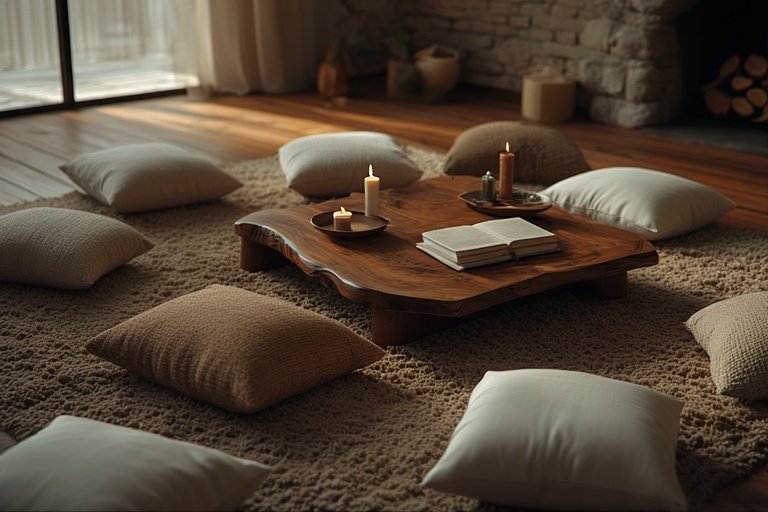 Floor Seating Ideas for a Cozy and Stylish Space 15 A warm floor seating area with neutral cushions around a low walnut table.