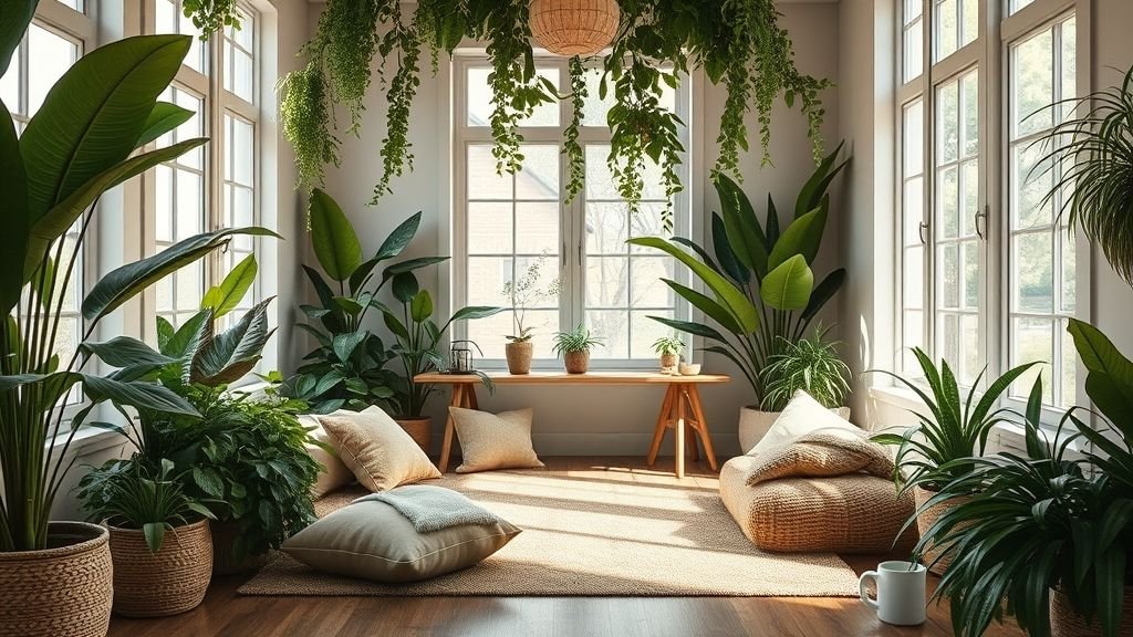 Stylish Floor Seating Ideas for Cozy Spaces 8 Floor seating setup with indoor plants adding freshness and calmness.