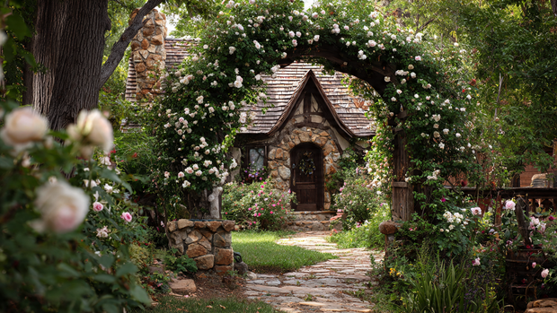 16 Timeless Cottage Decor Ideas to Warm Up Your Space 7 Cottage entrance framed by a rose-covered garden arch.