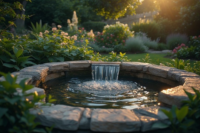 Backyard Water Features for a Serene Outdoor Escape 2 Peaceful backyard fountain with flowing water and natural greenery under warm sunlight.