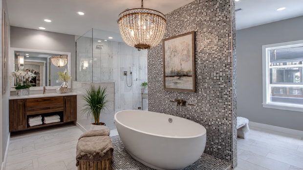 16 Luxurious Bathroom Design Ideas for a Spa-Like Retreat 7 Bathroom with mosaic tile focal wall and statement chandelier for a spa-like feel.