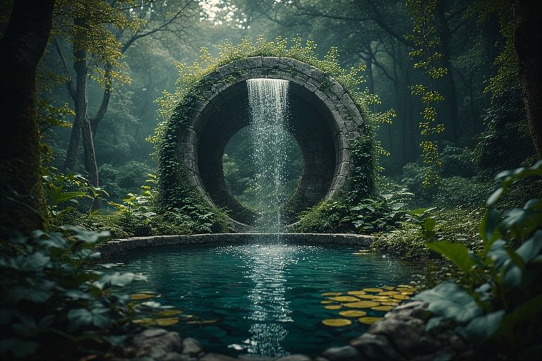 Backyard Water Features for a Tranquil Outdoor Escape 13 Circular water portal reflecting forest greenery in a mystical backyard