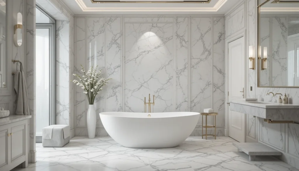 Luxury Bathrooms Inspiration 5 Freestanding bathtub as focal point in a modern marble luxury bathroom.