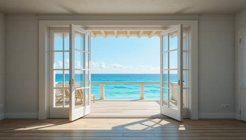 Coastal house with white French doors opening to a deck by the ocean.